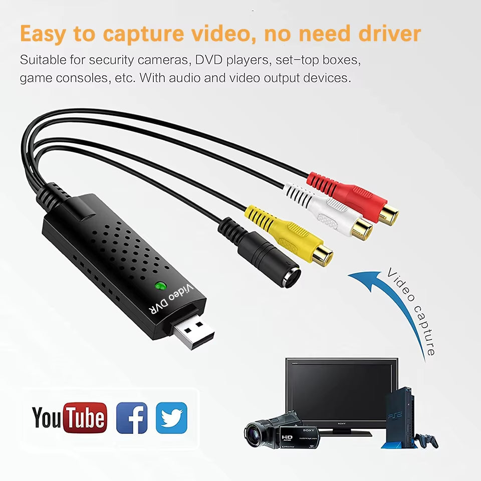 USB Video Capture Card Easy Cap VHS VCR Mini DV Hi8 DVD to Digital Converter Rca/S-Video to USB 2.0 Audio Video Record Capture