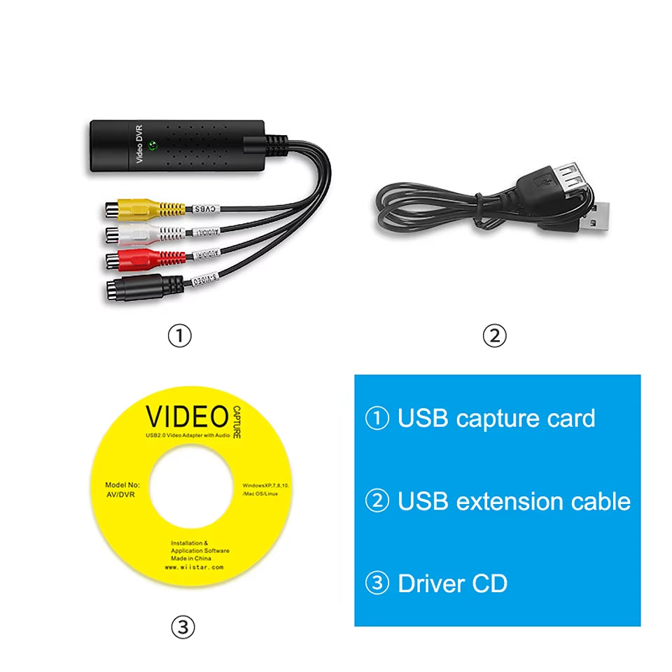 USB Video Capture Card Easy Cap VHS VCR Mini DV Hi8 DVD to Digital Converter Rca/S-Video to USB 2.0 Audio Video Record Capture